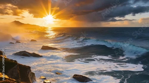 Golden Hour Ocean Waves Crashing Along Dramatic Rocky Coastline With Misty Mountains Cinematic Sunset Scene