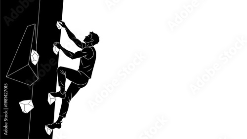 A silhouette of a man climbing a rock wall with a white background and a minimalist, monochromatic design.