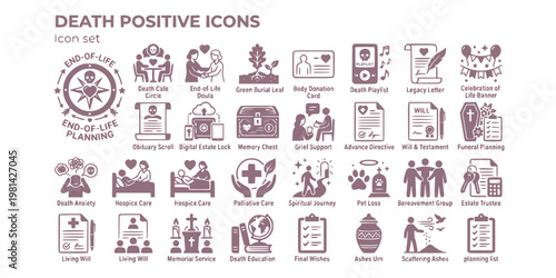Death Positive End Of Life Icon Set Death Cafe Doula Green Burial Body Donation Legacy Letter Celebration Of Life Obituary Digital Estate Memory Chest Vector Illustration