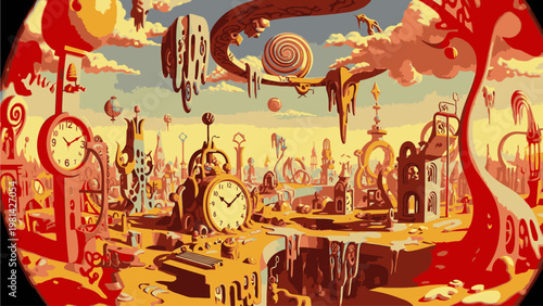 Surreal cityscape with melting clocks and distorted buildings in a dreamlike landscape with warm orange and yellow hues against a blue sky.
