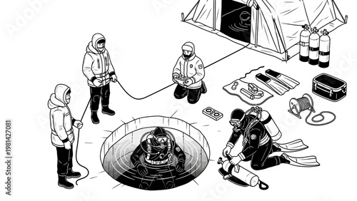 Black and white illustration of people in spacesuits working around a hatch with a person inside, with a tent and equipment in the background, on a plain white background.