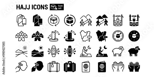 Hajj Umrah Pilgrimage Icon Set Ihram Tawaf Circuit Sai Walk Zamzam Water Mina Tent Jamarat Stoning Miqat Qibla Compass Arafat Electronic Hajj Bracelet Vector