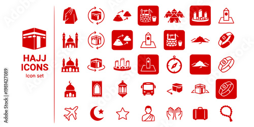 Hajj Umrah Pilgrimage Icon Set Ihram Tawaf Circuit Sai Walk Zamzam Water Mina Tent Jamarat Stoning Miqat Qibla Compass Arafat Electronic Hajj Bracelet Vector
