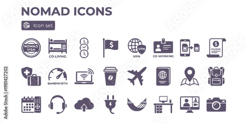 Digital Nomad Icon Set Nomad Visa Stamp Co Living Bed Time Zone Clock Tax Residency VPN Globe Coworking Pass SIM Card Proof Of Income Travel Insurance Bandwidth Vector
