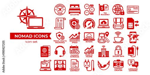 Digital Nomad Icon Set Nomad Visa Stamp Co Living Bed Time Zone Clock Tax Residency VPN Globe Coworking Pass SIM Card Proof Of Income Travel Insurance Bandwidth Vector