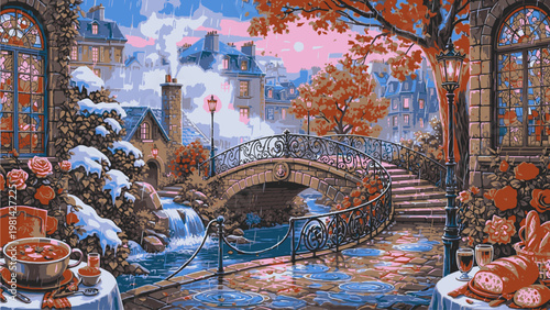 Vibrant illustration of a small bridge over a stream with autumn foliage, a stone staircase, and a picturesque town in the background under a colorful sky.