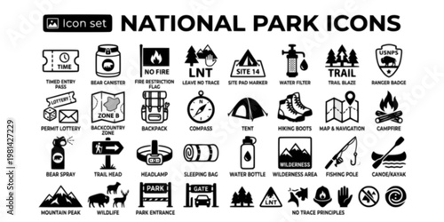 National Park Backcountry Icon Set Timed Entry Pass Bear Canister Fire Restriction LNT Leave No Trace Site Pad Water Filter Trail Blaze Ranger Badge Permit Lottery Vector