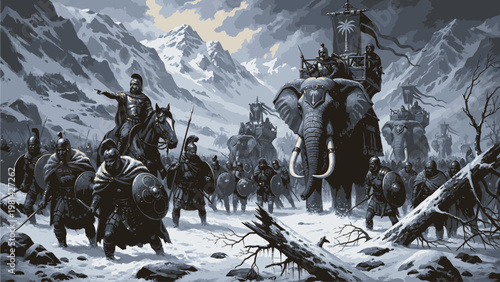 A group of warriors on horseback and elephants traversing a snowy mountainous landscape under a dark and cloudy sky.