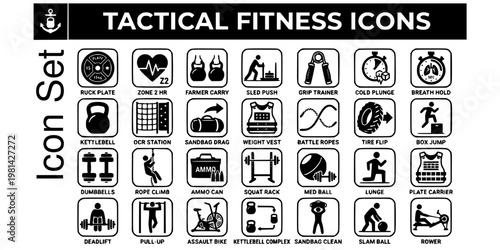 Tactical Fitness Icon Set Ruck Plate Zone 2 Heart Rate Farmer Carry Sled Push Grip Trainer Cold Plunge Timer Breath Hold Kettlebell OCR Station Sandbag Drag Vector