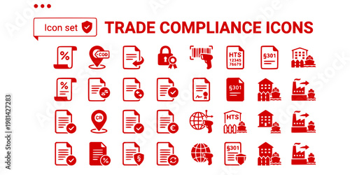 Trade Compliance Icon Set Tariff Rate Schedule Country Of Origin Duty Drawback Customs Bond HTS Code Section 301 Bonded Warehouse Nearshore Factory Vector