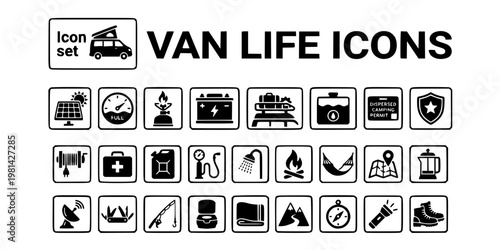 Van Life Overlanding Icon Set Solar Roof Panel Water Tank Gauge Camp Stove Lithium Battery Bank Roof Rack Gray Water Dispersed Camp Trail Rating Awning Vector