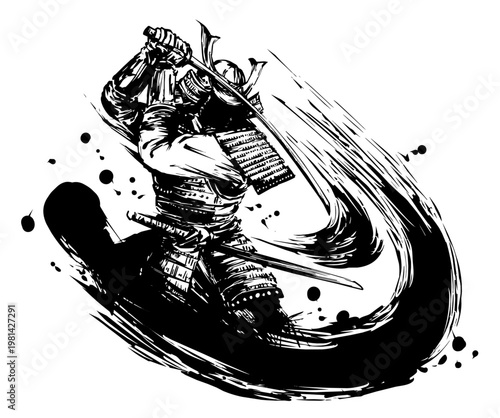 Armored Samurai with Katana – Sumi-e Ink Illustration