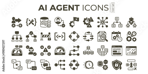 AI Agent Mechanics Icon Set Multi Agent Handoff Tool Call Memory Bank HITL Checkpoint Agent Failure Orchestrator Node Task Decompose Subagent Spawn Goal Tree Approval Gate Vector