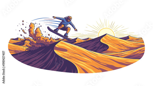 Illustration of a snowboarder riding down a vibrant orange and purple mountain slope at sunset with dynamic motion lines.