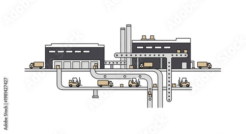 Logistics and Supply Chain Management Flat Illustration showing Automated Warehouse, Factory, and Distribution Network