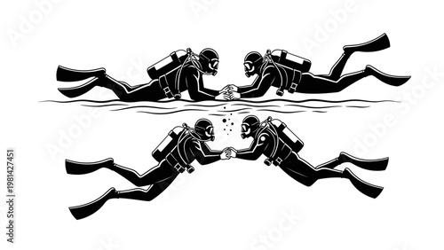 Scuba divers swimming in a mirrored reflection on a white background with black and gray tones conveying a sense of calmness and serenity.