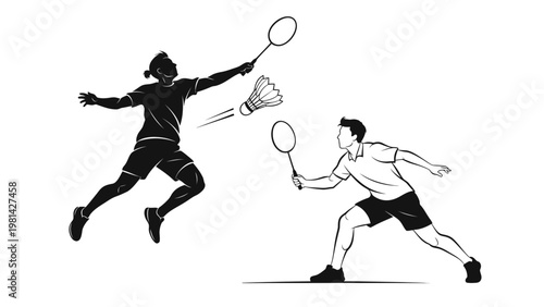 Two male badminton players in action on a white background, one jumping to hit the shuttlecock with his racket.