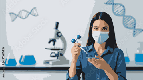 A woman in a blue shirt and face mask holds a molecular model in a laboratory setting with a microscope and various scientific equipment.
