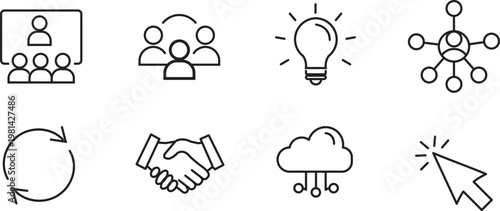 Set of eight simple icons representing business collaboration and technology concepts isolated