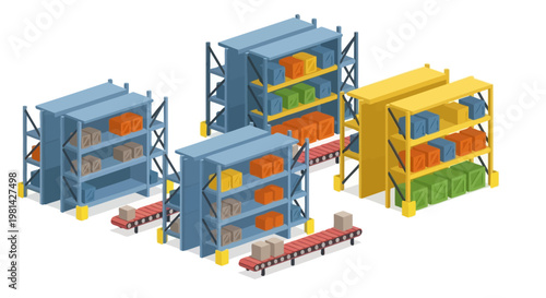 Isometric Warehouse Logistics and Storage with Conveyor Belts and Shelving Racks Illustration