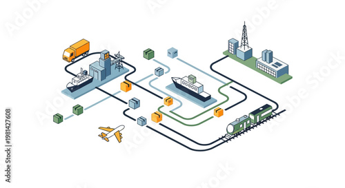 Global Logistics and Supply Chain Management Network Isometric Illustration with Multimodal Transportation, Shipping, and Cargo Distribution