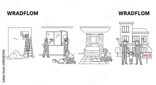 Home Renovation and Construction Process Stages to Happy Family with Sold House Illustration