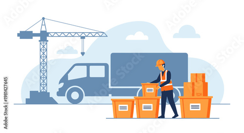 Logistics Worker Handling Cargo Boxes at Construction Site with Truck and Crane Silhouette Vector Illustration
