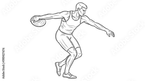 A male athlete in a dynamic running pose, throwing a discus with a bold line drawing style on a plain white background.