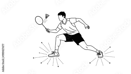 A man in athletic attire swings a badminton racket to hit a shuttlecock with dynamic lines radiating from his feet on a white background.