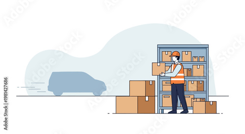 Logistics Warehouse Worker Handling Packages for Shipping with Delivery Van Silhouette; E-commerce Fulfillment and Supply Chain Concept