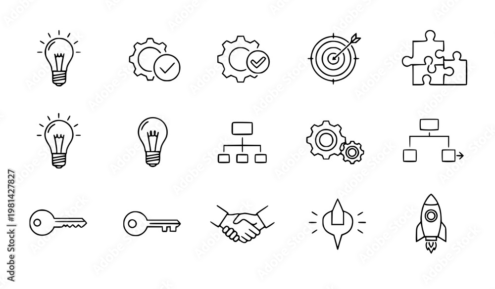 Fototapeta premium A set of business and innovation icons in a flat, minimal design style