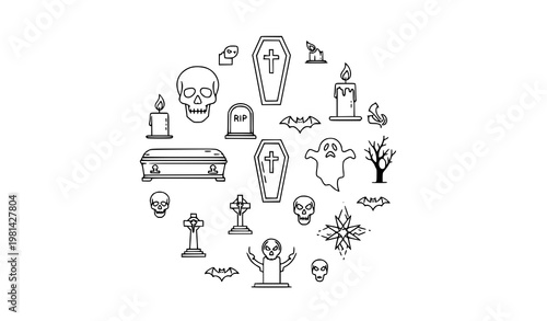A vector graphic illustration of various Halloween themed icons and symbols in a circular arrangement