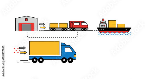 Global Logistics and Supply Chain Infographic Illustration with Warehouse, Train, Ship, and Truck