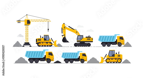 Construction Vehicle Set with Excavator, Bulldozer, Crane, and Dump Trucks in Flat Design Style