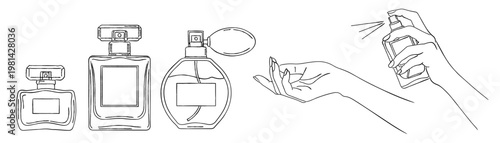 シンプルな香水ボトルとスプレーする手の線画セット｜香水 ボトル スプレー 手 フレグランス
