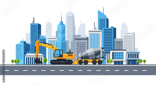 Modern Urban Construction Site with Excavator and Concrete Mixer Truck in Front of City Skyline Vector
