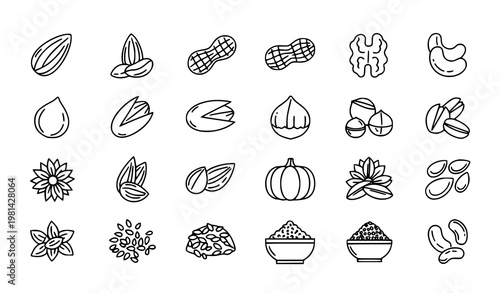 Nuts and seeds editable stroke outline icons healthy snack food vector collection