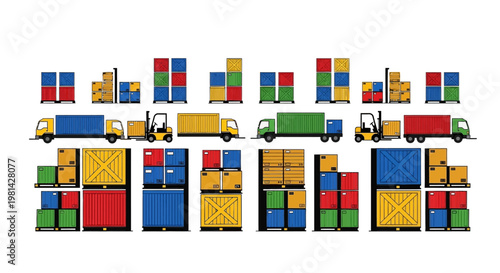 Flat Vector Logistics and Supply Chain Icons Set with Trucks, Forklifts, Shipping Containers, and Warehouse Crates Isolated on White Background