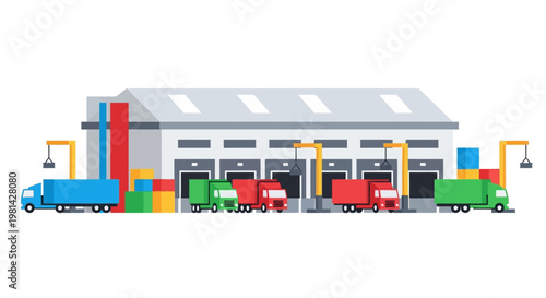 Modern Flat Vector Illustration of Logistics Center with Cargo Trucks and Warehouse Loading Docks for Supply Chain and Distribution Business