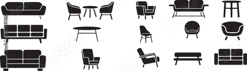 Modern Furniture Silhouettes in Section View – Chairs, Sofas, Tables, Armchairs Vector Set.