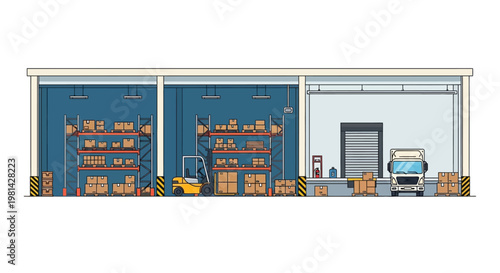 Modern Logistics Warehouse Flat Illustration with Forklift, Shelving Racks, and Delivery Truck at Loading Dock for Supply Chain and Fulfillment Concepts