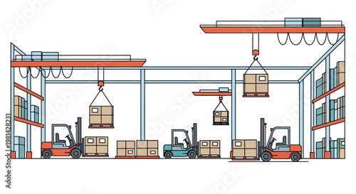 Industrial Warehouse Logistics Vector Illustration with Forklifts and Cranes