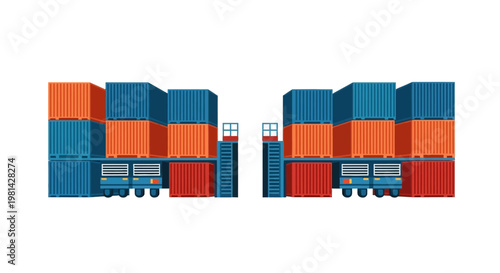 Flat Vector Illustration of Stacked Shipping Cargo Containers on Transport Platforms Isolated on White