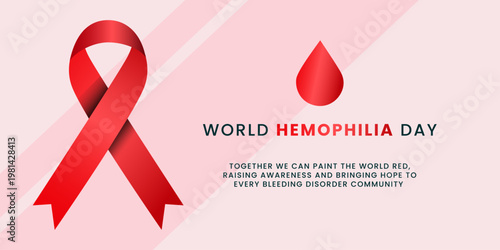 World Hemophilia Day promotional banner featuring red awareness ribbon and blood drop on pink background.