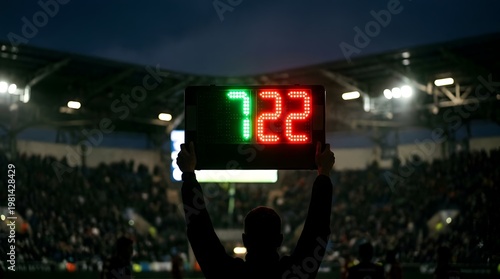 Silhouette of a soccer official holding an electronic substitution board showing green number 7 and red number 22 during a professional football match in a stadium at night.