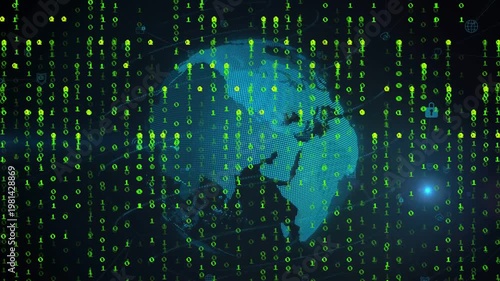 Pullback revealing globe rotating with binary rain and icons forming, showing tech network