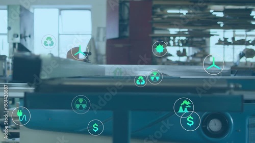 First green plug icon appearing blue conveyor moving icons rising centering fading showing eco flow