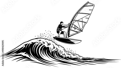 A black and white illustration of a windsurfer riding a wave with a large sail in a dynamic, action-packed scene.
