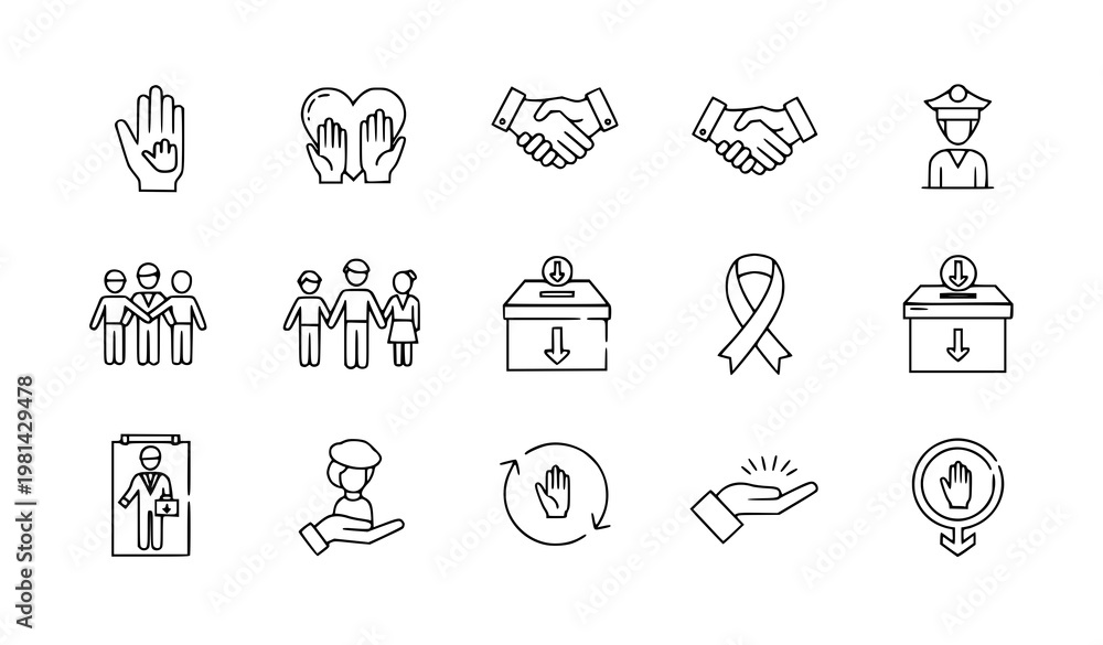 Fototapeta premium A set of line art icons depicting various social and healthcare related symbols and interactions