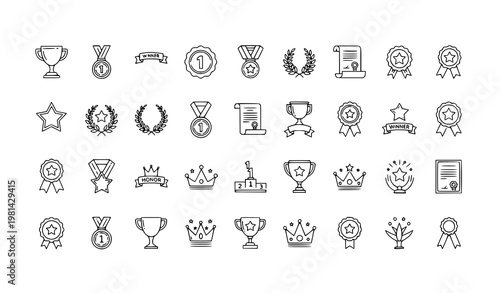 A collection of black and white line art icons representing awards and achievements